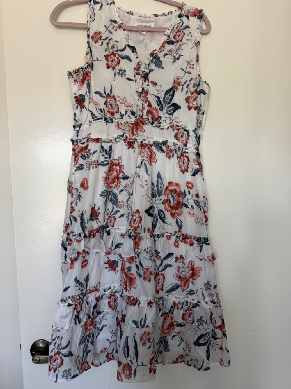 Lucky Brand White Midi Dress with Rust and Navy Floral Print